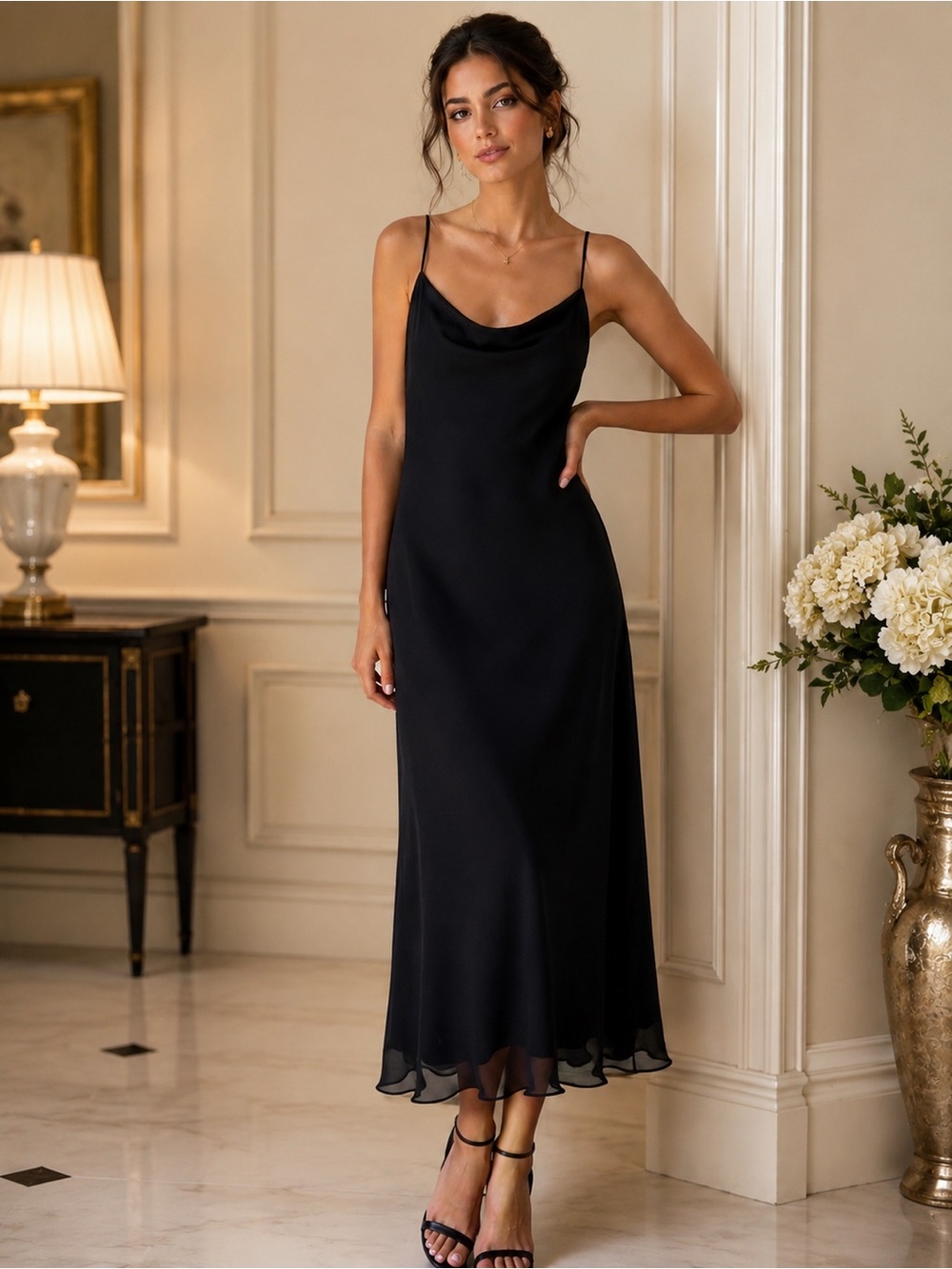 Sleek Black Cowl Neck Maxi Slip Dress